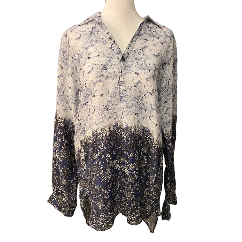 APNY Women Floral Tunic Blouse Top Long Sleeve White Blue Black Size Small